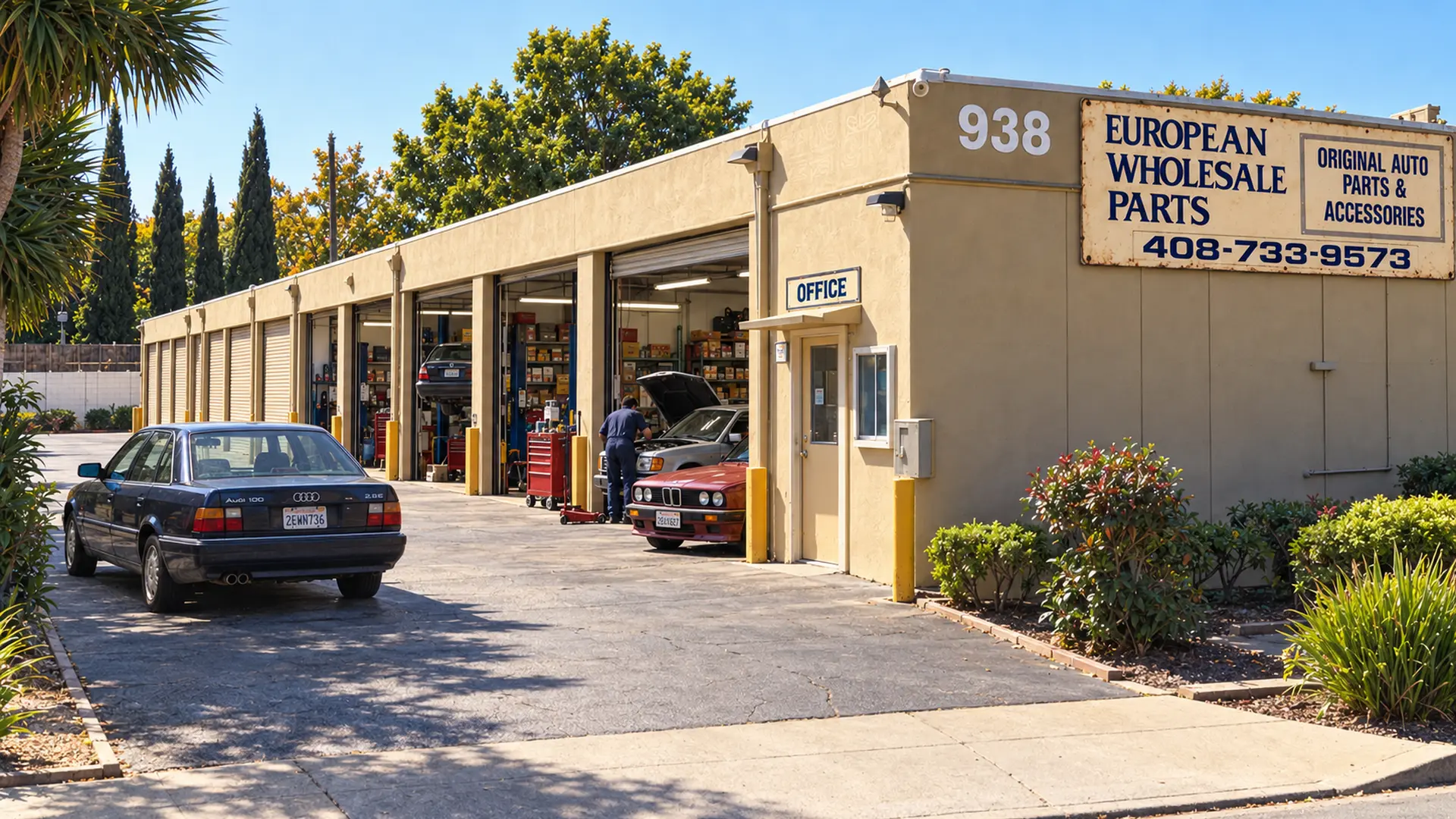Historical recreation of the original European Wholesale Parts shop at 938 West Evelyn Avenue in Sunnyvale, with four active service bays and period European cars.