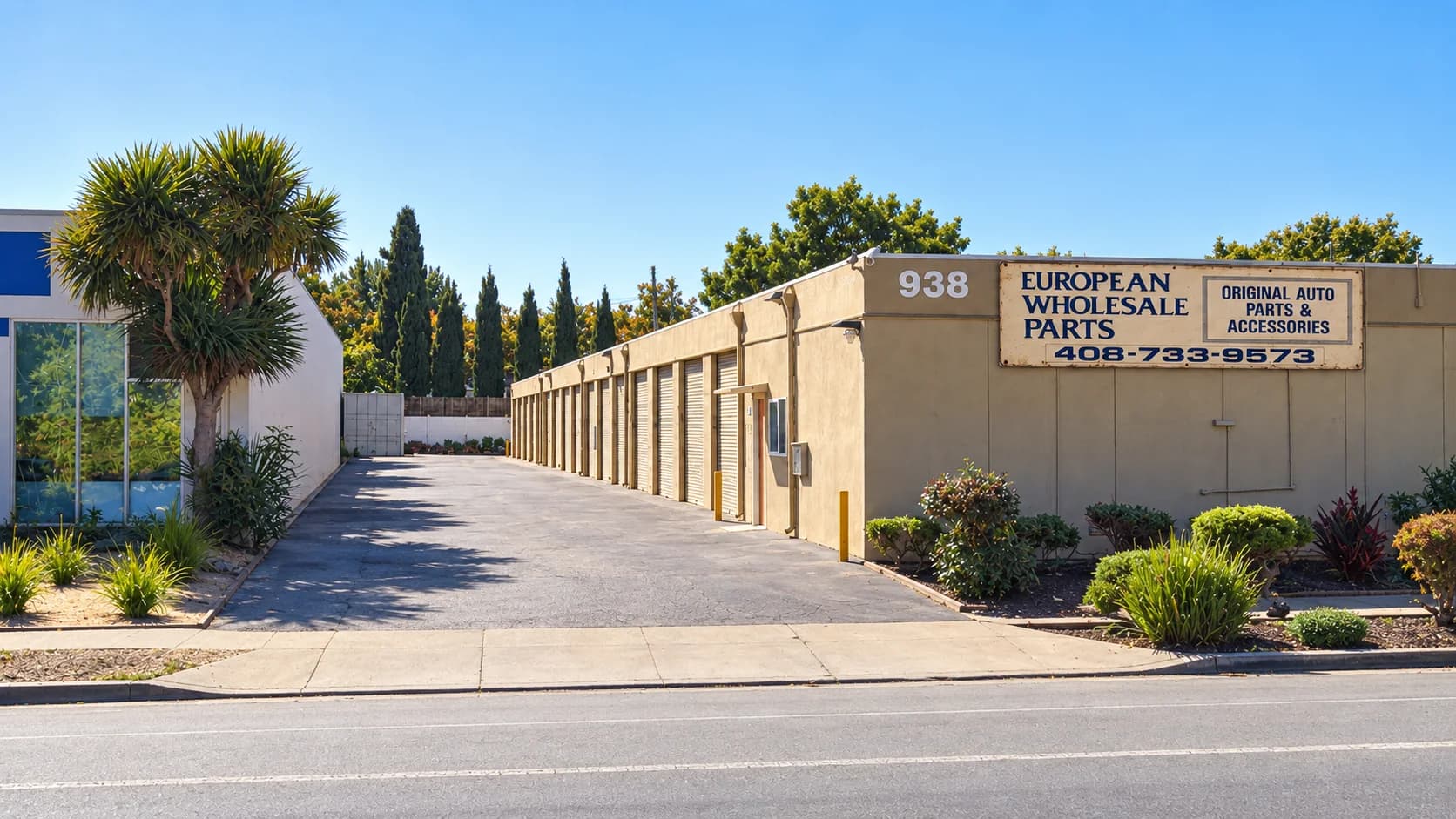 Historical recreation of the exterior of the former European Wholesale Parts location at 938 West Evelyn Avenue in Sunnyvale, California.