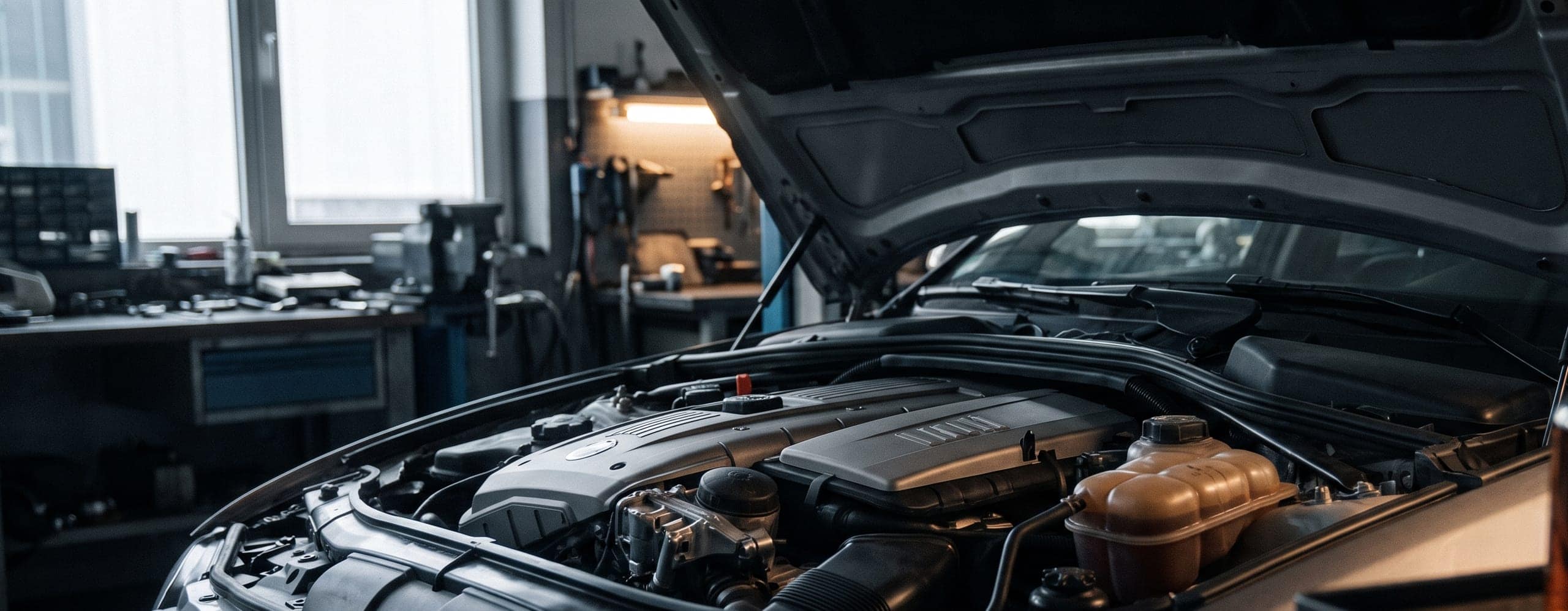 European car engine bay in a workshop